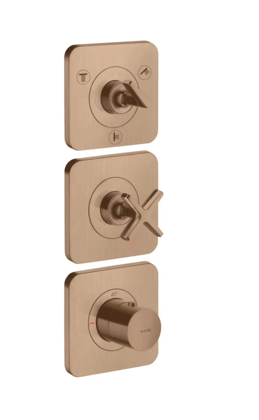Thermostatmodul mit drei Bedienelementen in gebürstetem Rotgold, hergestellt von AXOR. Geeignet für Unterputzinstallation mit Rosetten.